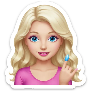 girl with long wavy platinum blonde hair,  blue eyes , long lashes, sexy pink lips, light to medium complexion, wearing a pink sexy top, smiling, finger tips touching sticker