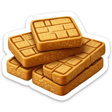 Tempeh Cinematic Realistic Tempeh Dish Emoji, depicted as crispy, sliced portions of fermented soy cake with a golden-brown finish, rendered with detailed textures and warm, inviting lighting. sticker