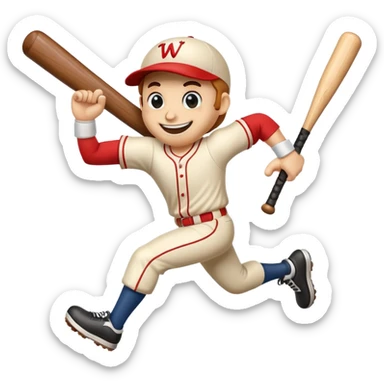 Cartoon baseball bat character with arms and legs in a running pose sticker