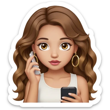 Light skinned girl, long wavy brown hair center-part with face framing pieces, big hazel eyes, gold hoops, white tank, prominent blush, sassy, big lips, makeup, holding phone sticker