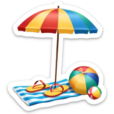 Icon for Beach Tourism: a sandy beach with a beach umbrella, flip-flops, a towel, and a beach ball, with the ocean waves in the background. The icon should capture the relaxation and fun of beach vacations. Transparent background. sticker