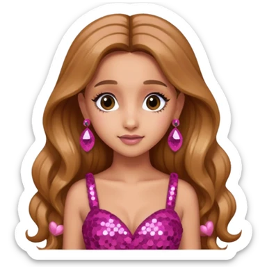 Ariana Grande with long golden brown hair, dark pink sequin dress, pink earrings sticker