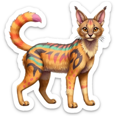 A Colorful iridescent exotic tropical tribal cute happy realistic esoteric patterned fluffy furry dark caracal-Lykoi-bobcat-sphynx-genet-civet-Fakémon-fursona-hybrid-fusion-animal-creature, full body, 4-legged sticker