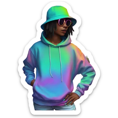 Multicoloured neon person smoking wearing hoodie dancing hip hop bucket hat tropical Skater fashion aesthetic baggy clothes graphic t shirt 420 sticker