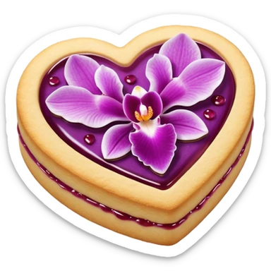 Realistic shortbread cookie in the shape of a heart with orchid color jelly middle filling and sprinkled powder sugar on top. sticker