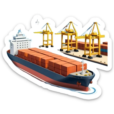 A 3D cartoon cargo or passenger seaport terminal with cranes and ships docked, calm lighting, Memoji-style realism. sticker