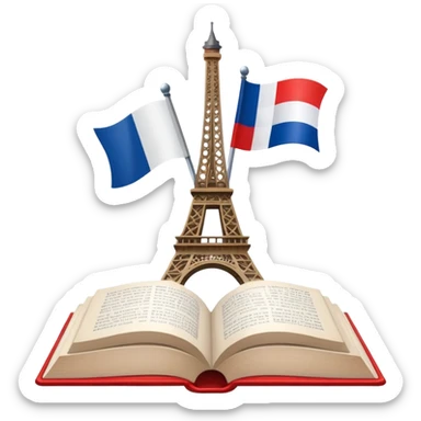 An icon featuring the Eiffel Tower and the flag of France, symbolizing the French language. The design includes an open book with French text, representing language learning and French culture. Transparent background highlights the elegance of the French-speaking world. sticker