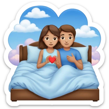 Sweet dreams a light brown haired man in a very  comfy bed with blue and Pastel clouds  and an delicate  with a brunette girl sending a heart elegant  sticker