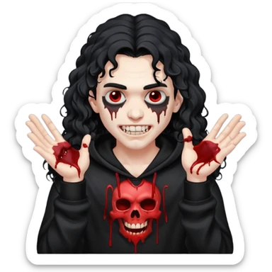 Vampire wearing a black hoodie with a skull logo on it, long curly hair that covers the forehead, fanged teeth and blood on hands sticker