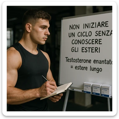 realistic young bodybuilder in sportswear taking notes in a notebook while looking at a gym whiteboard with Italian text 'Non iniziare un ciclo senza conoscere gli esteri' and 'Testosterone enantato = estere lungo', testosterone boxes with Italian labels nearby, learning atmosphere, gym background, 4K quality sticker