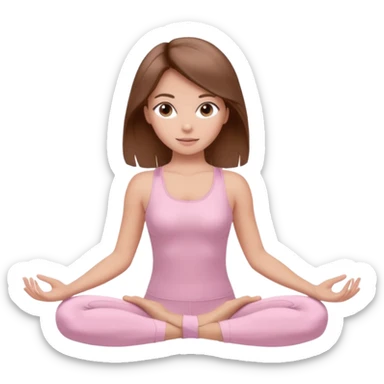 brown hair girl wearing light pink pilates clothes, silk beautiful medium hair and brown eyes, hands down sticker