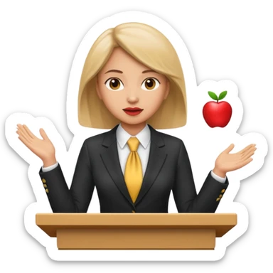woman giving a speech at a podium, business attire, apple emoji style sticker