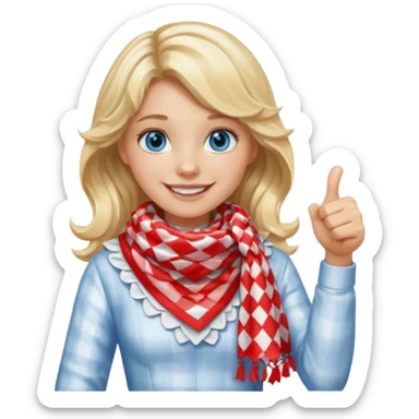 Blonde Girl, Blue Eyes, wavy hair, smiling, thumbs up, wearing red Checkered Triangle scarf, white dress sticker