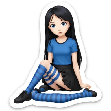 full body Front view emo girl blue eyes super long hair sits on the floor black skirt torn striped stockings sticker