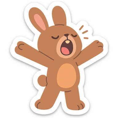 brown bunny stretching arms while yawning, pastel-toon style sticker
