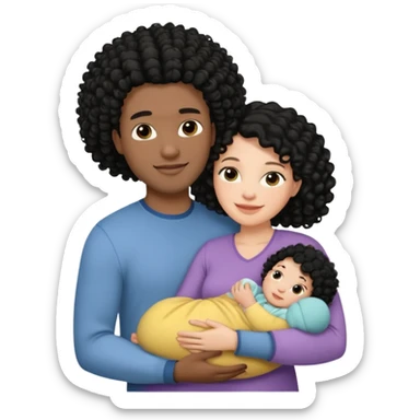 family: white woman curly black hair, black man with short black frizz hair, one 2 y o daughter , and a newborn in the and of the mother sticker