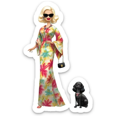 1960’s Palm Beach Breeze Barbie, teen Morticia Addams ,by the pool, white skin, full body visible, wavy hair,handbag, aloof,eyeshadow,earrings,open flowing floral caftan,small 2 piece, sunglasses on forehead,heels,walking Miss Thang sticker