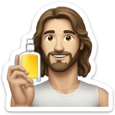 white skin men with long brunette hair with a perfum bottle sticker