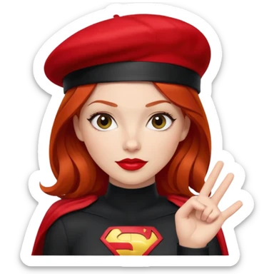 Uma ruiva feliz com batom vermelho com roupa vermelha tipo heroína, com uma boina preta, e uma cara mais “seria” fazendo pose com a mão. sticker