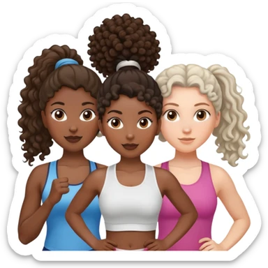 three women friends exercising together, one black woman with curly brown hair, one pale white woman with curly brown hair, and one white woman with straight brown hair in a ponytail positioned on the right sticker