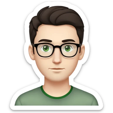 young man with pale skin, wider face, larger ears, bigger nose, thick dark eyebrows, dark tall voluminous slightly wavy hair styled up high on head but not curly, wearing glasses with green eyes and very light stubble, with a slight smile sticker