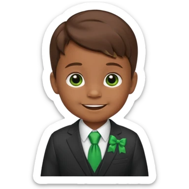 baby boy brown hair in suit, with green bow sticker