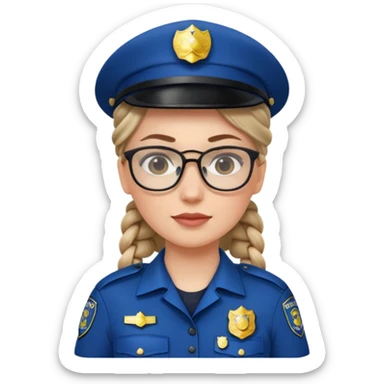 white woman, braided hair, wear police's uniform and glasses sticker