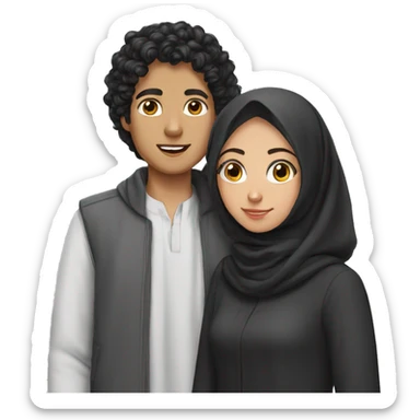 European Young boy with curly black hairs with her wife wear a hijab  sticker