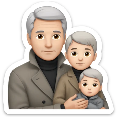 A father with silver-grey hair styled neatly and a clean-shaven face, wearing a dark turtleneck and wool coat, holding his child gently. The child has light brown hair and a soft white jacket. Warm cinematic lighting, emotional close-up. sticker