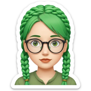 woman with green hairs, braids and  rectangle spectacle, big visible braids and unique face shape, rectangle spectacles sticker