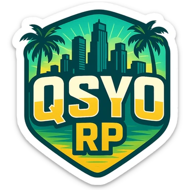 badge-style icon for GTA V roleplay with 'QSYO RP' text, using GTA V color palette, includes city skyline and palm trees, energetic and fun sticker