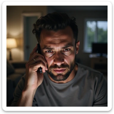Man sending whiny voice messages from his phone, suffering face turned toward the camera, teary eyes, domestic environment, hyperrealistic 4K details sticker