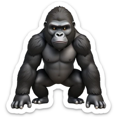 cinematic-friendly gorilla-realistic-full-body-crouched on all fours-emoji,-broad-and-powerful-frame-poised-with-confidence,-massive-arms-hanging-slightly-forward,-head-tilted-thoughtfully,-thick-black-fur,-deep-dark-eyes-full-of-intelligence,-simplified-yet-realistic sticker