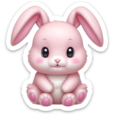 Cinematic adorable pastel pink bunny, chubby cheeks, tiny paws, sparkling round eyes, soft fur with a gentle glow, slightly tilted head, wearing a tiny bow, irresistibly cute and heartwarming. sticker