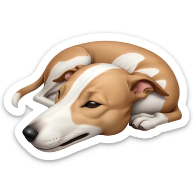 Meme-Worthy Cute Sleeping White and Brown Greyhound Portrait Emoji, Head resting peacefully with a contented smile, showcasing a lean, graceful build and a luxuriously smooth Fur of white with brown accents, eyes shut in a serene nap, Simplified yet hilariously adorable features, highly detailed, glowing with a soft, drowsy light, high shine, relaxed and utterly lovable, stylized with an air of playful laziness, bright and heartwarming, soft glowing outline, capturing the essence of a comically sleepy racer, so meme-worthy it feels like it could instantly become the next viral sensation of adorable slumber! sticker