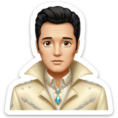 synthwave aesthetic brilliant divine lighting, oil paint  -  An aging Elvis Presley in a glamorous ivory costume with a collar encrusted with diamonds sticker