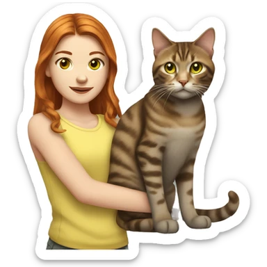 red haired girl with green eyes holding a brown and gray tabby cat with yellow eyes sticker