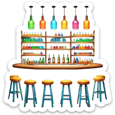 A 3D cartoon bar interior with a counter, glowing shelves of colorful bottles, tall stools, and hanging lights, warm ambient lighting, realistic reflections, Memoji-style. sticker