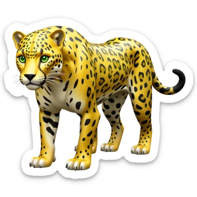 cinematic-jaguar-realistic-full-body-standing on all fours-emoji,-sleek-powerful-frame-poised-for-action,-yellow-fur-adorned-with-bold-black-rosettes,-head-tilted-dramatically,-piercing-green-eyes-locked-onto-its-prey,-simplified-yet-realistic-focused-features,-highly-detailed,-glowing-with-an-almost-sarcastic-glow sticker
