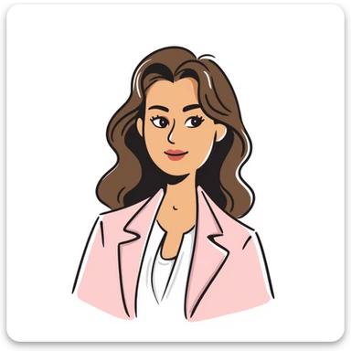 A 30-year-old woman with tanned skin, light brown long wavy hair with curled ends, delicate face, almond-shaped eyes with smoky foxy eye makeup, brown eyes, wearing a light pink elegant blazer and white satin cowl neck blouse with thin straps sticker