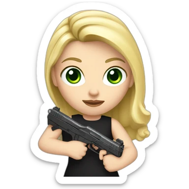 A white girl with blonde hair and green eyes, wearing a short black dress and holding a gun in her hand sticker