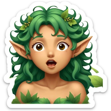 Cinematic Realistic Forest Nymph Fairy Portrait, head tilted slightly with a dramatic, wide-open yawn, revealing a tender, relaxed visage with finely detailed tanned skin and flowing, vine-adorned hair gently framing her face. Her sleepy eyes exude a serene, dreamlike quality as soft natural sunlight filters through the canopy, capturing the essence of a drowsy yet captivating forest nymph drifting into peaceful slumber. sticker