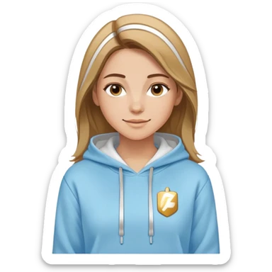 Woman with predominantly brown hair with blonde highlights, straight with side part, serene smile, dreamy eyes, wearing a light blue fantasy-sporty hoodie with golden and white details sticker