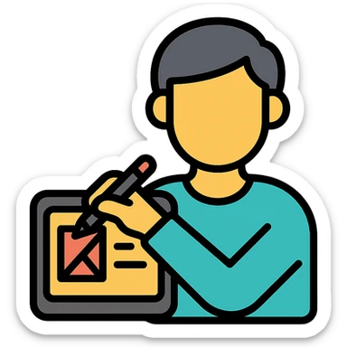web designer as a color outline icon, with a person sketching website layouts on a digital tablet sticker