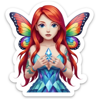 woman-long-red-hair-blue-eyes-white-skin-tattoos-big-breast-wearing-rainbow-crystal-shard-dress,-moths-orbiting,-flirty-contrapposto-pose sticker