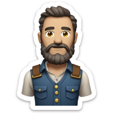 a rugged cowboy with a thick beard, wearing a blue vest over a classic western shirt and a brown belt with a silver buckle. He should have a confident stance, showing full torso sticker