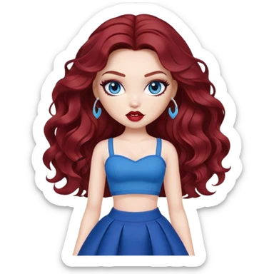 bratz pretty baddie, dark red wavy hair, pale skin, long hair, blue eyes, makeup sticker