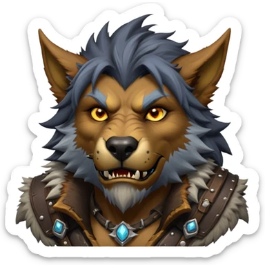 Cinematic Realistic WoW Worgen Portrait, head tilted epicly and inquisitively, showcasing the striking fusion of human intellect and beastly ferocity. His rugged fur and tanned skin, accented by piercing amber eyes and meticulously rendered worn leather garments, are bathed in dynamic lighting, high shine, epic and awe-inspiring, capturing the relentless spirit of a worgen at the apex of his power. sticker