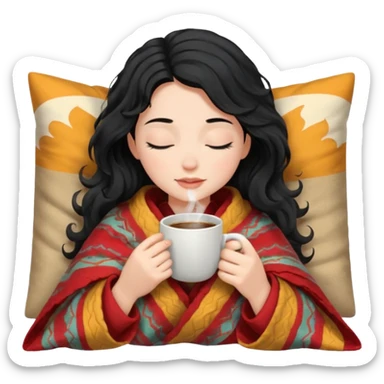 girl black hair wavy inside a blanket sipping coffee eyes closed sticker