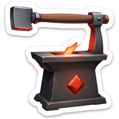 Blacksmithing icon, piece of metal being hammered on an anvil, blacksmith's hammer, sparks flying, glowing red metal, forge in the background, minimalistic style, clean lines, transparent background. sticker